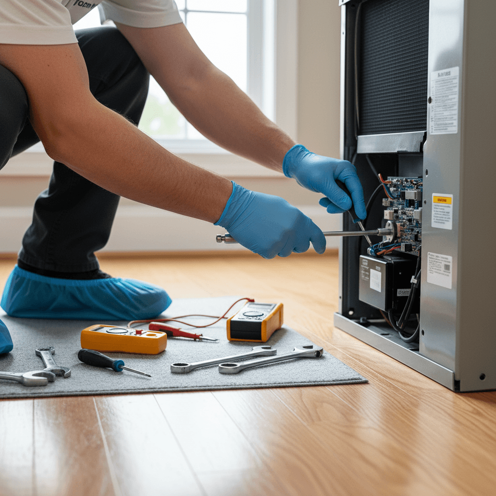 HVAC technician performing detailed AC repair work