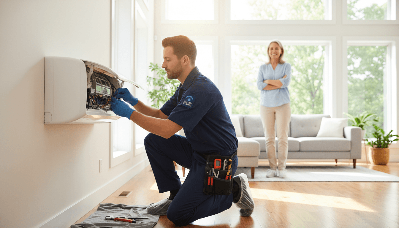 Professional HVAC technician servicing air conditioner in modern home