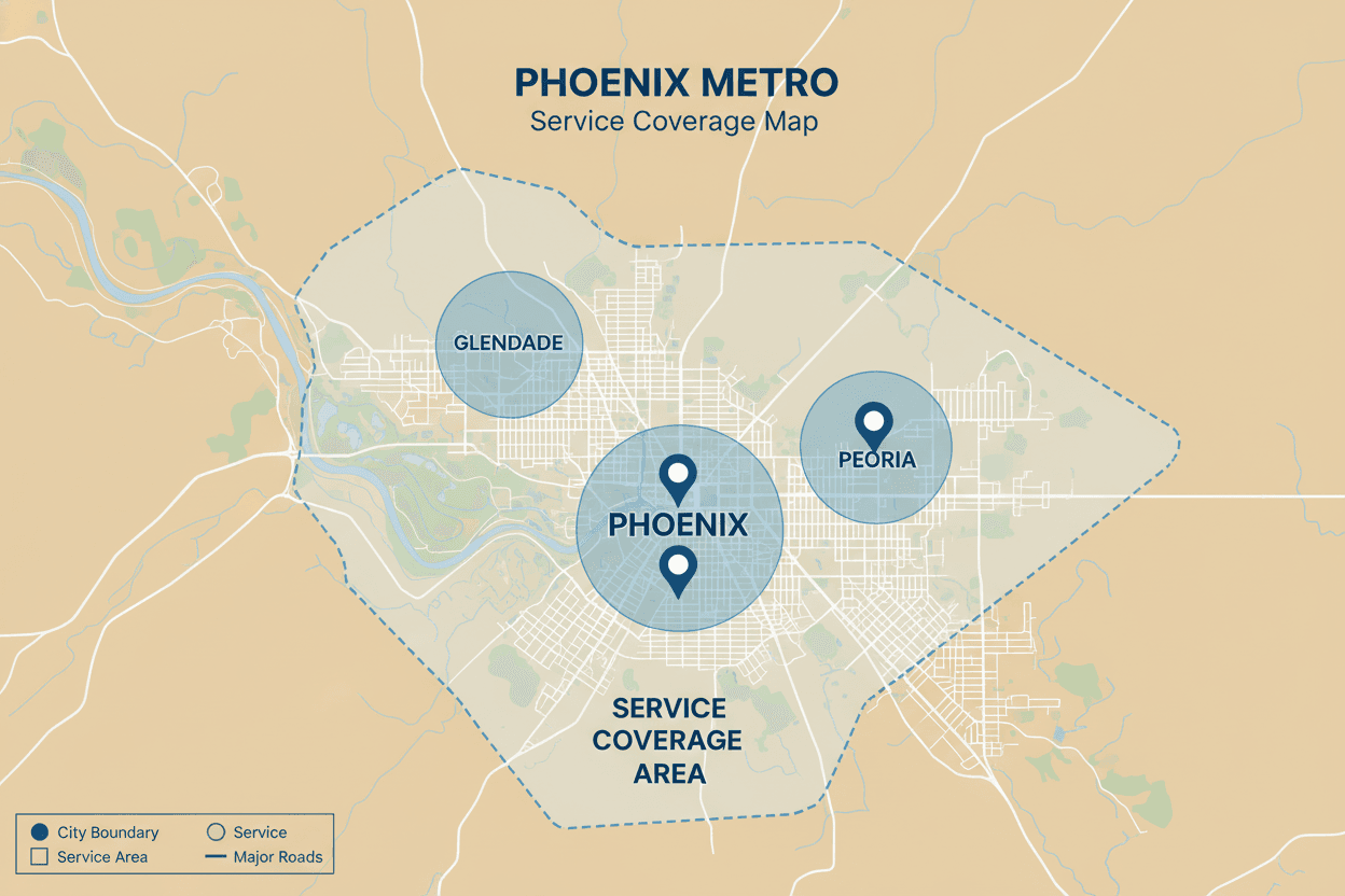 Service areas map showing Glendale, Peoria, and Phoenix Metro